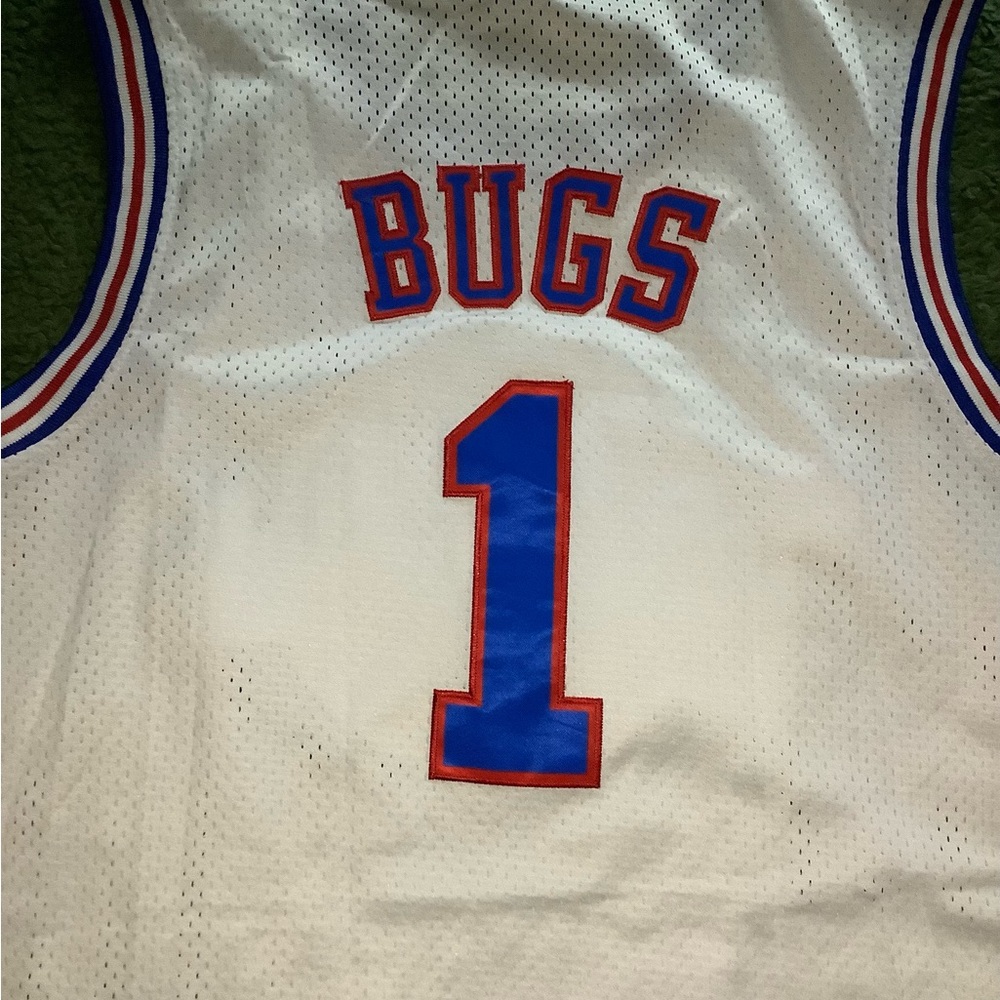 White Basketball Looney Tunes Tunes Squad Jersey with Blue and Red Accents